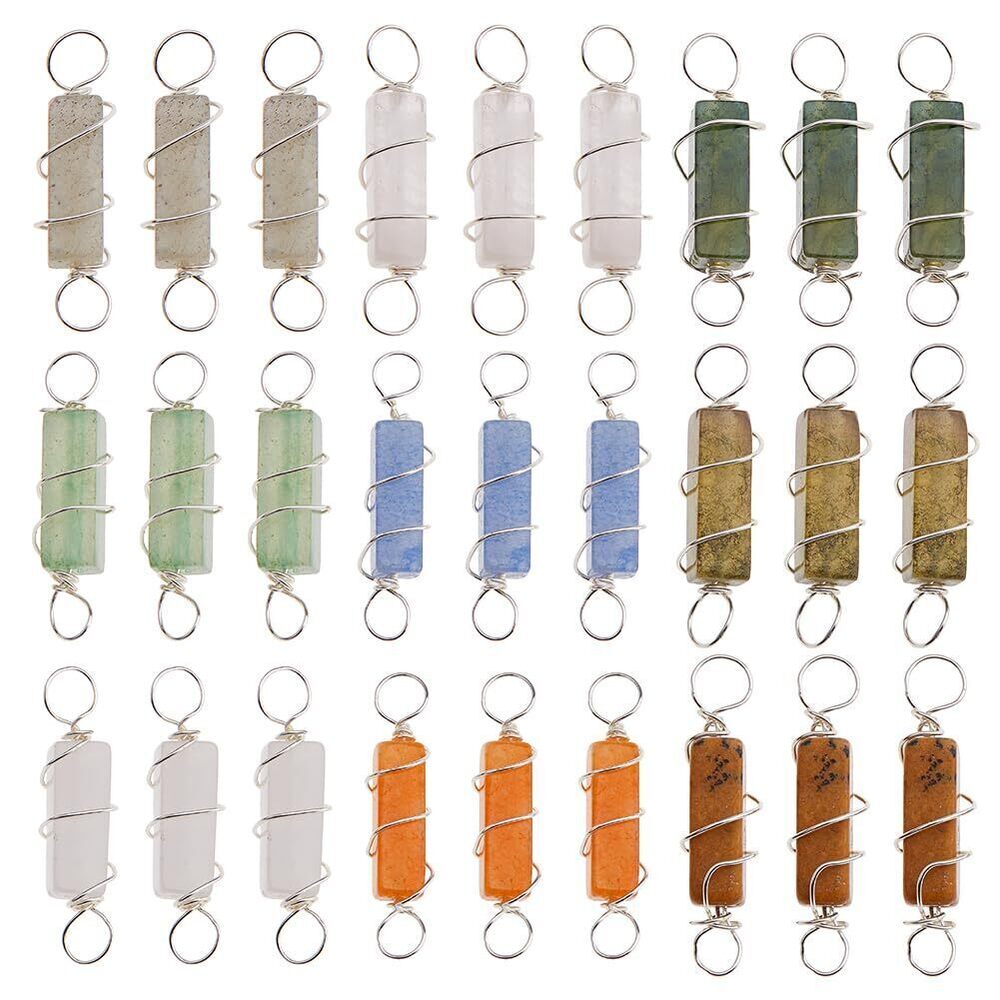 5970 45Pcs 9 Colors Natural Gemstone Connector Charms Silver Plated Quartz